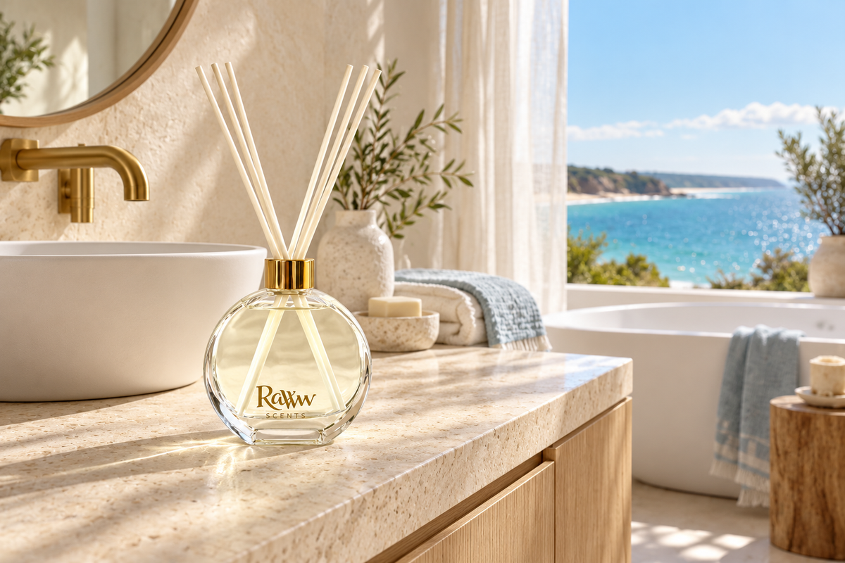 Copacabana reed diffuser with ivory reeds on a sandstone vanity in a sunlit beach-house bathroom with an ocean view