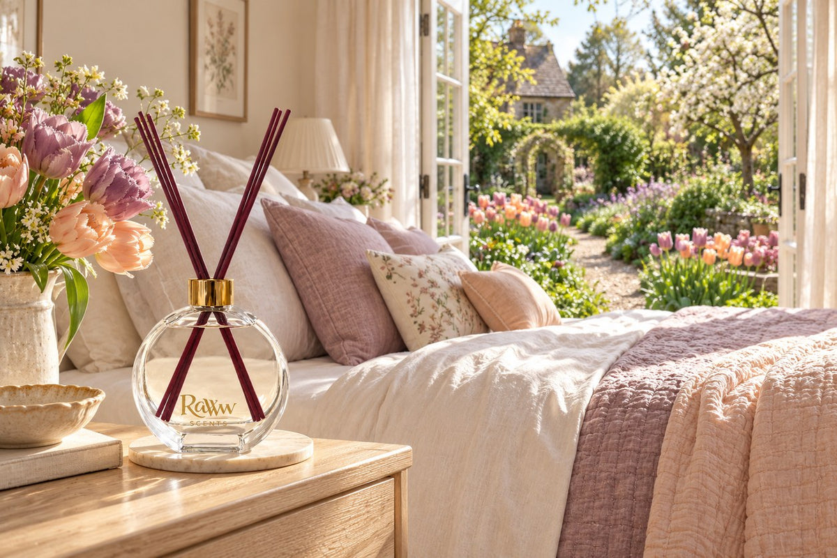 Tulipe reed diffuser with berry reeds on an oak bedside table in a spring bedroom with French doors open to a tulip garden