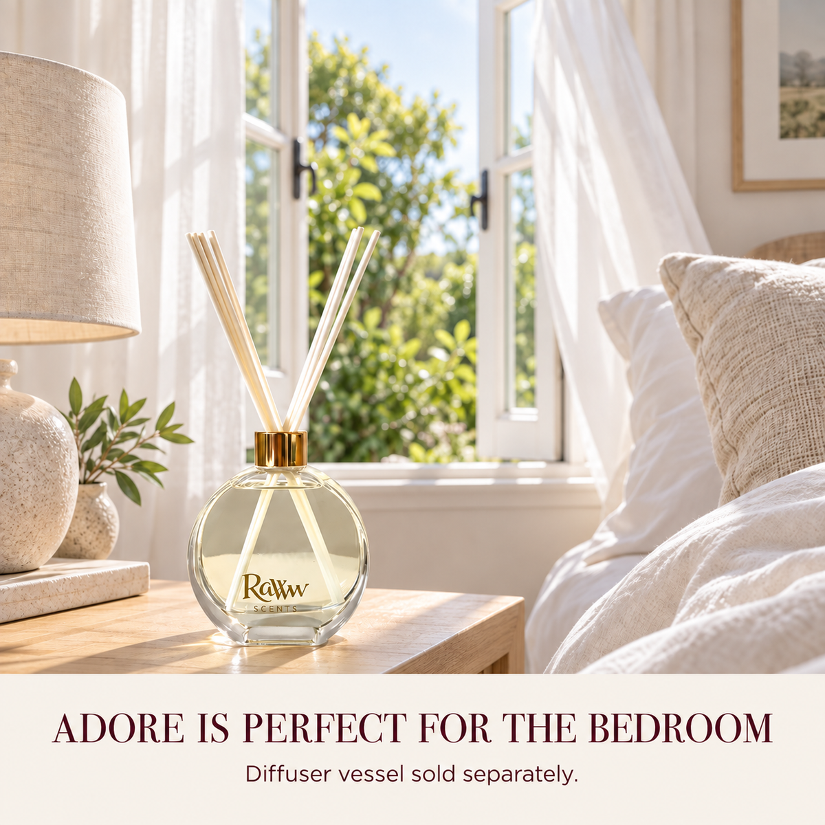 Adore reed diffuser styled in a bedroom