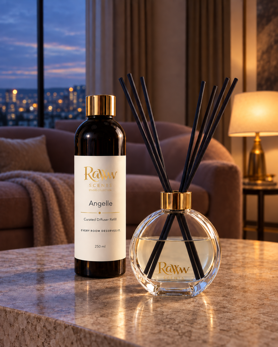 Raww Scents Angelle designer perfume inspired diffuser set, 200 mL glass vessel with 250 mL refill and reeds