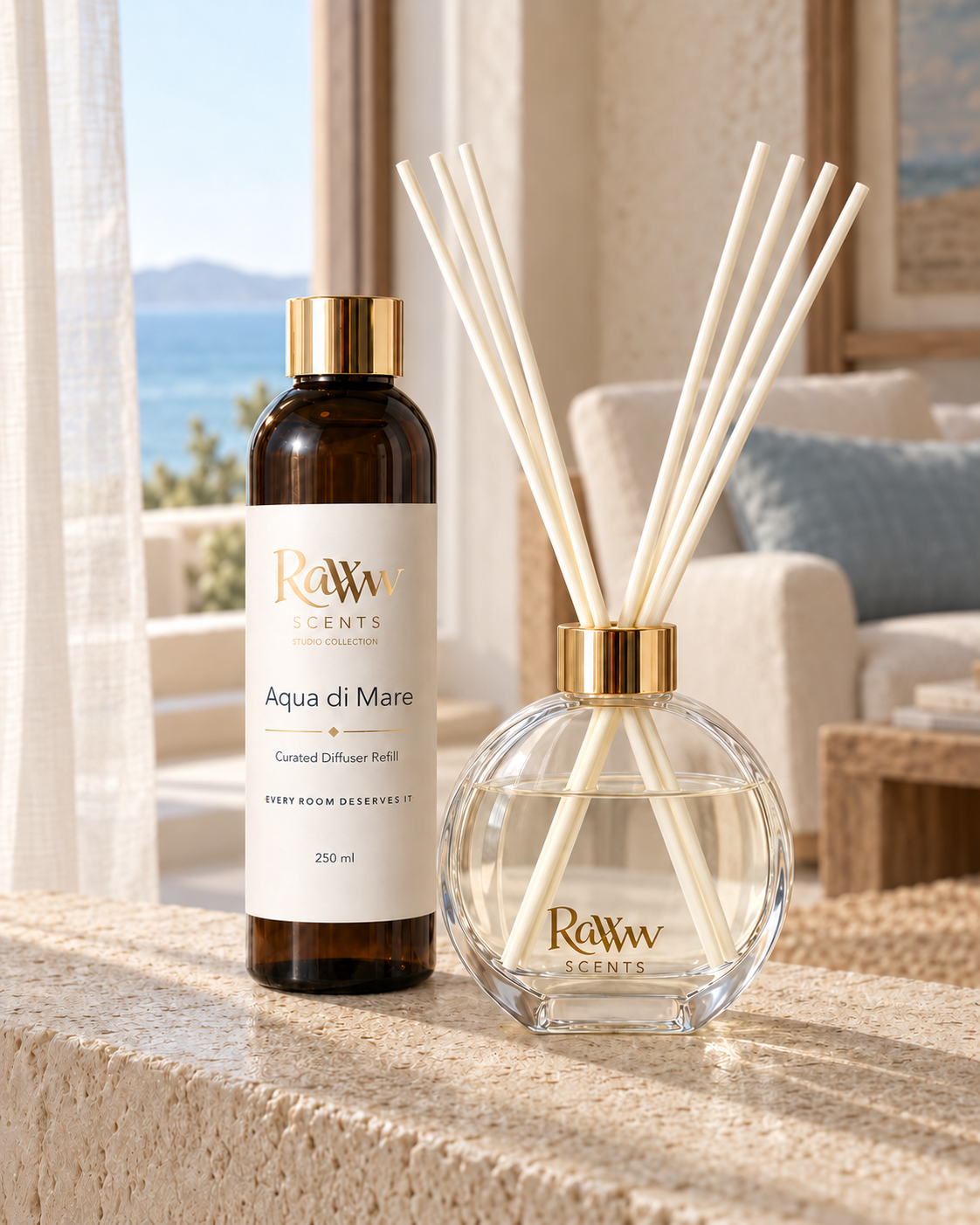Raww Scents Aqua di Mare designer perfume inspired diffuser set, 200 mL glass vessel with 250 mL refill and reeds