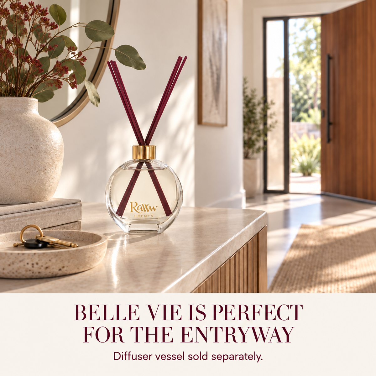 Belle Vie reed diffuser styled in an entryway