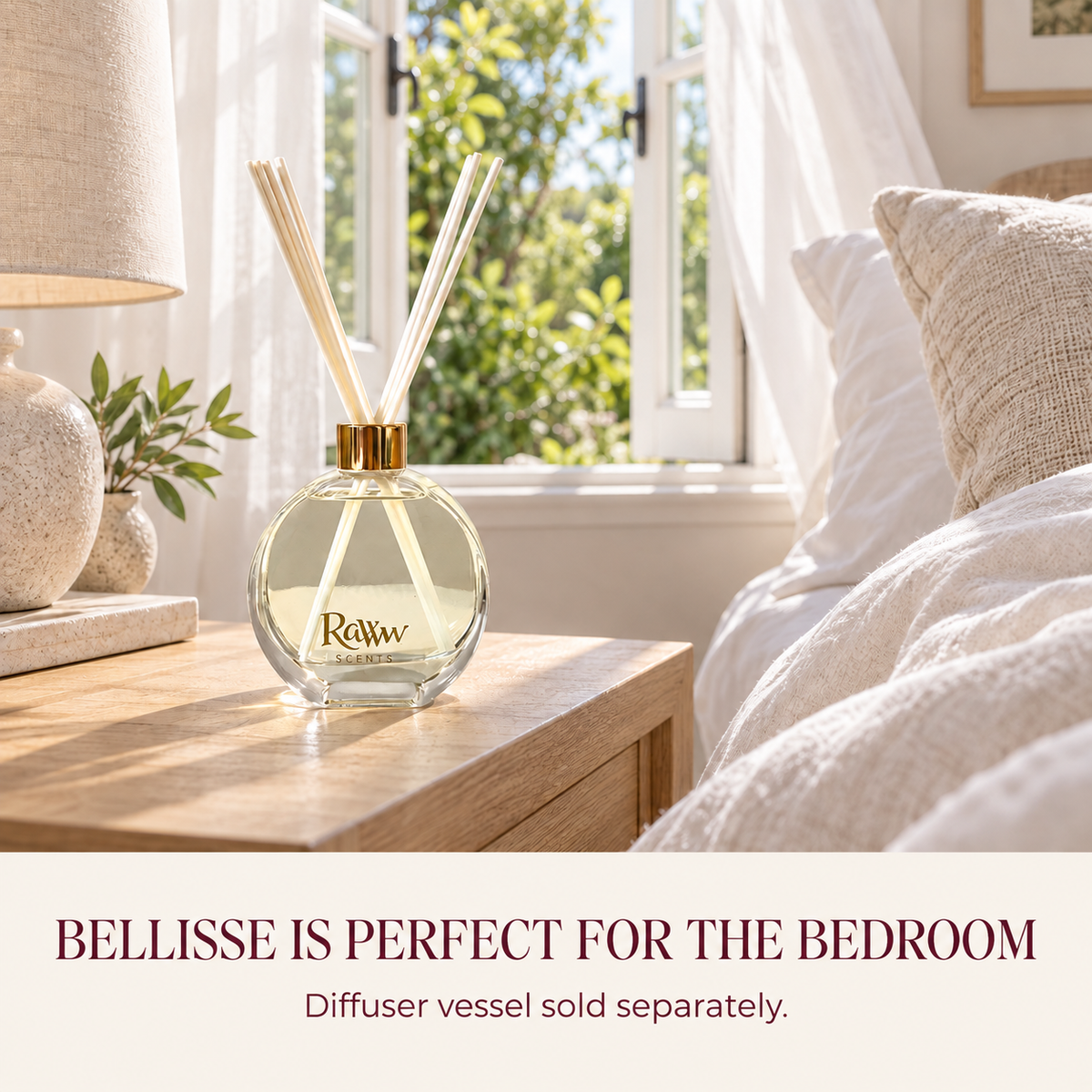Bellisse reed diffuser styled in a bedroom