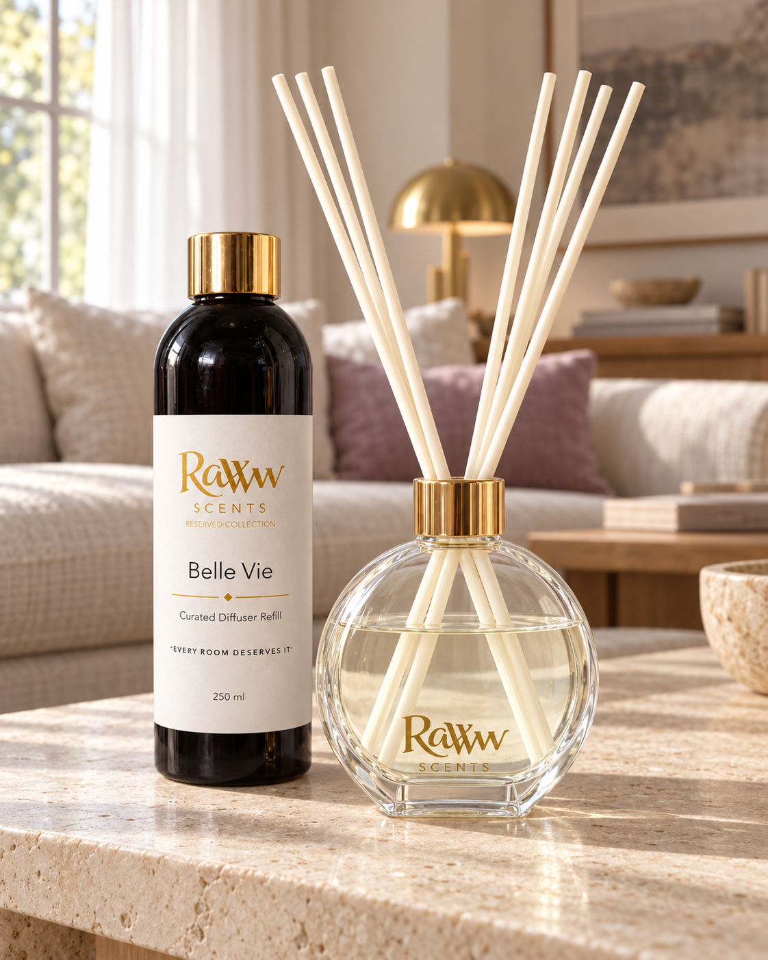 Raww Scents Belle Vie designer perfume inspired diffuser set, 200 mL glass vessel with 250 mL refill and reeds