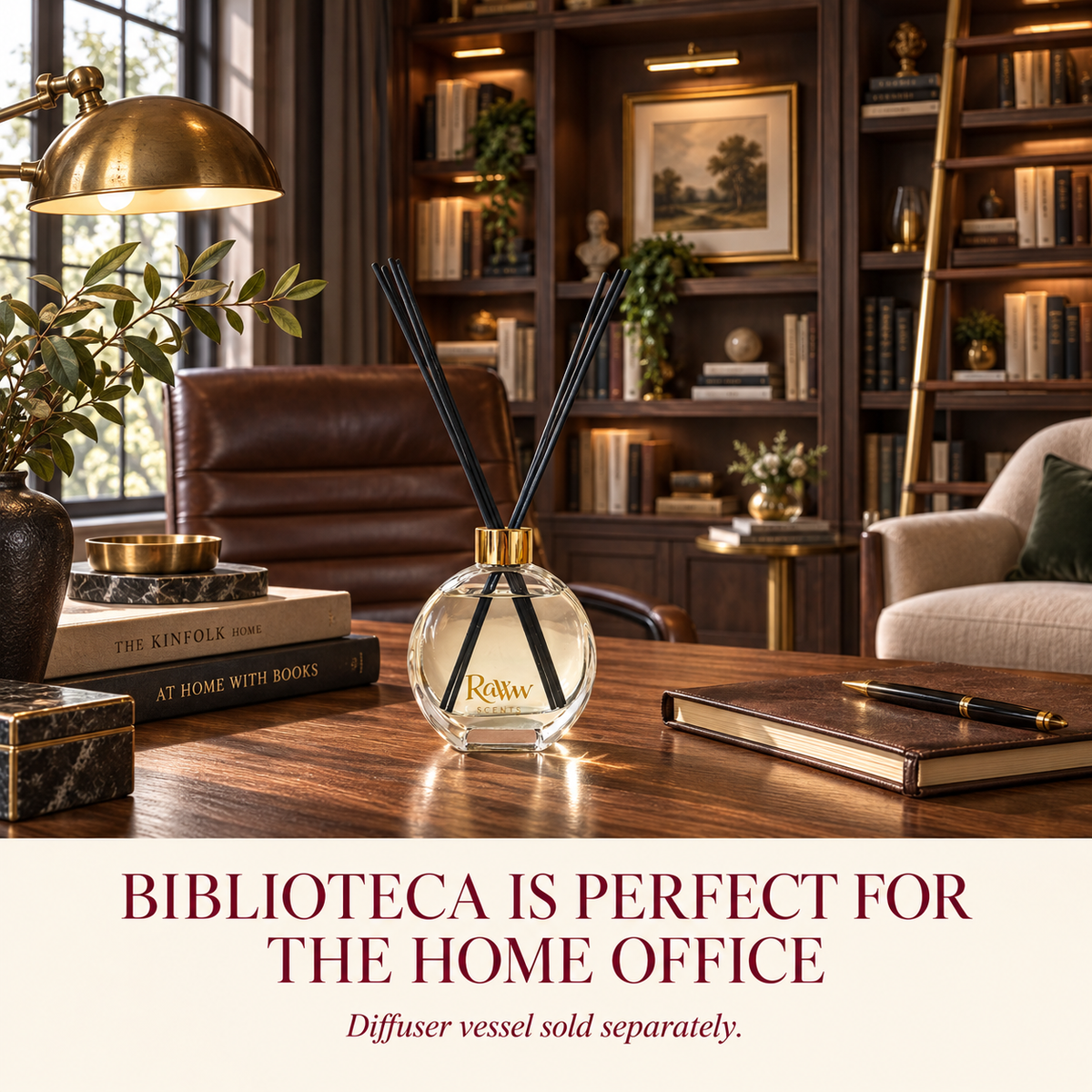 Biblioteca reed diffuser styled in a home office