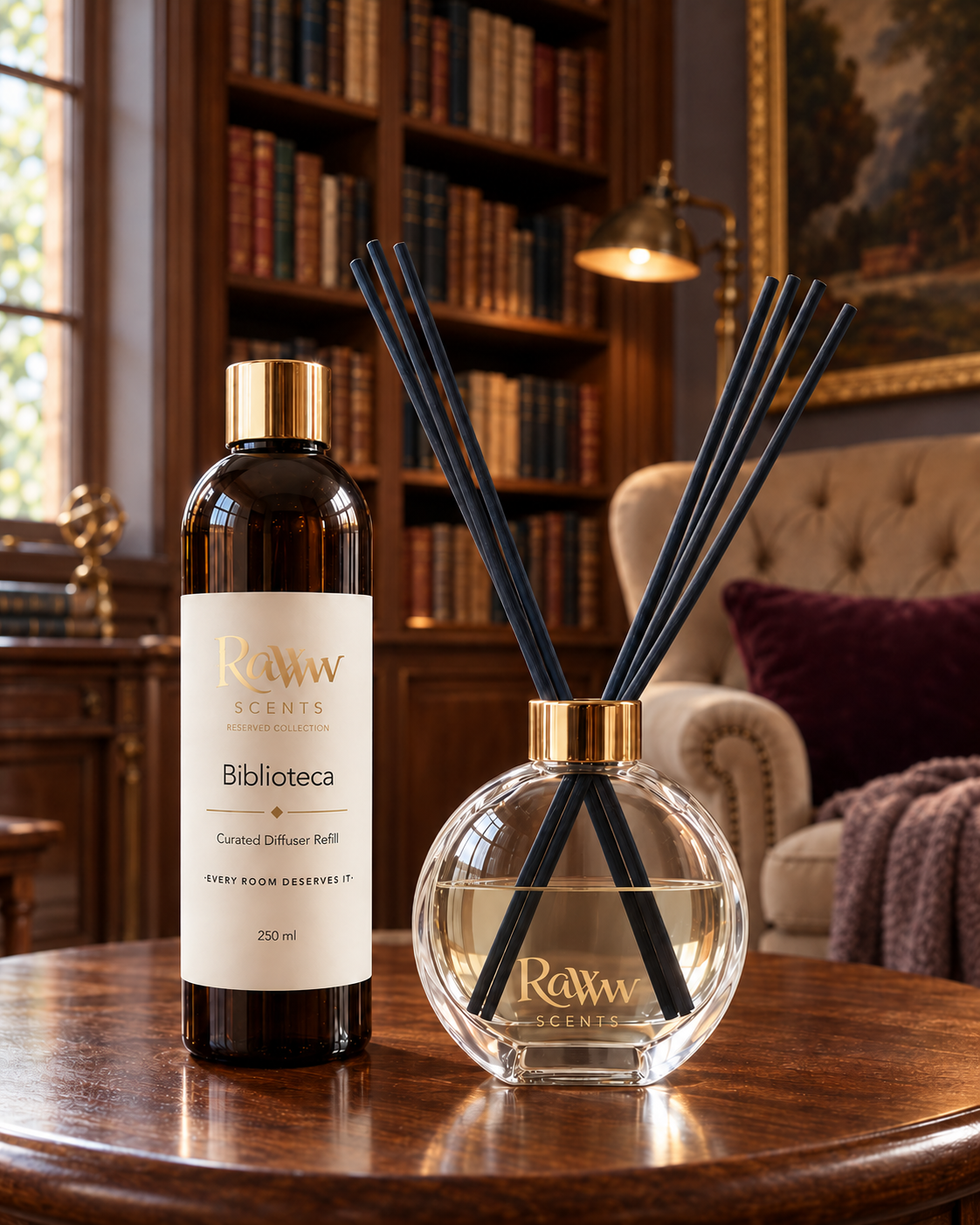 Raww Scents Biblioteca designer perfume inspired diffuser set, 200 mL glass vessel with 250 mL refill and reeds