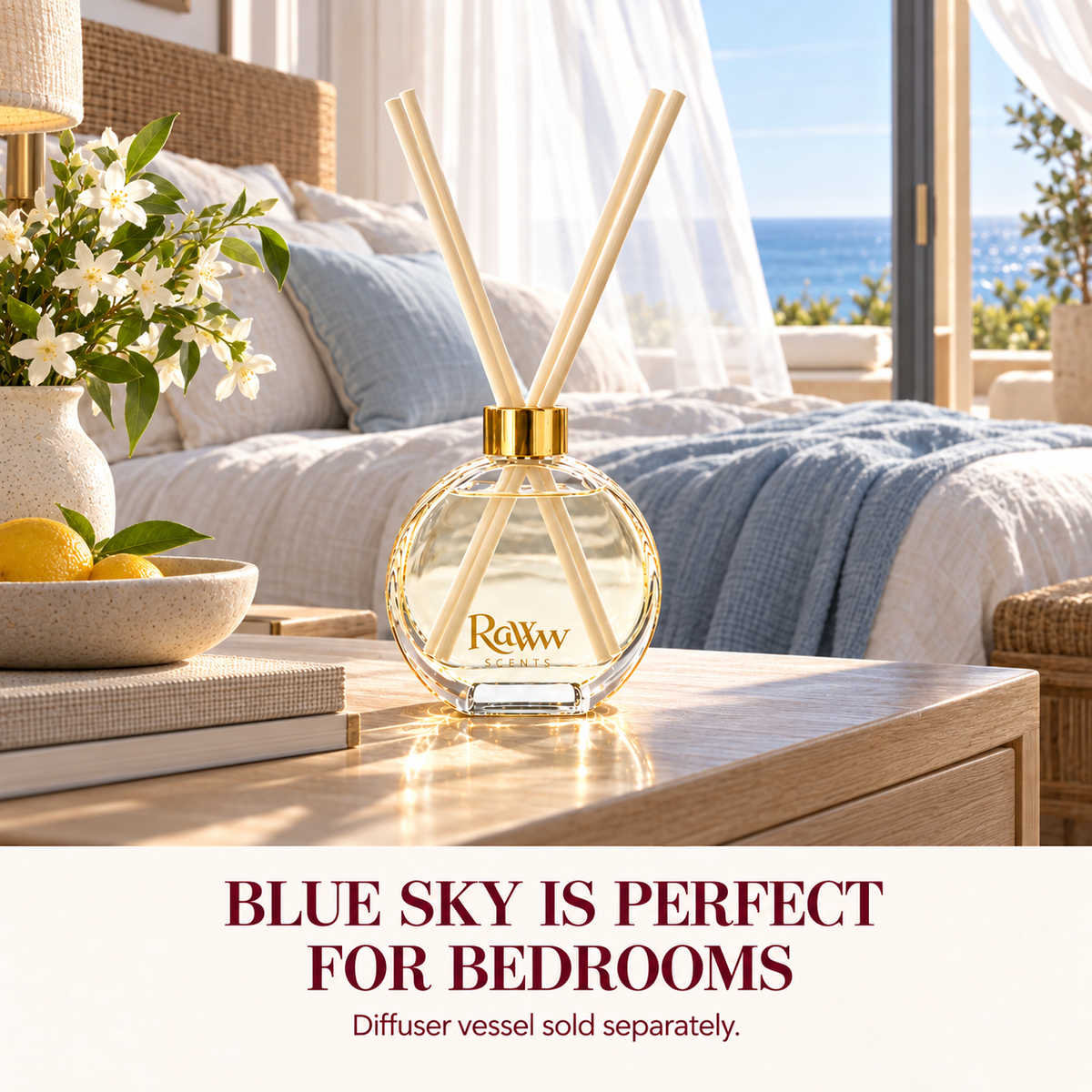 Blue Sky reed diffuser styled in a bedroom