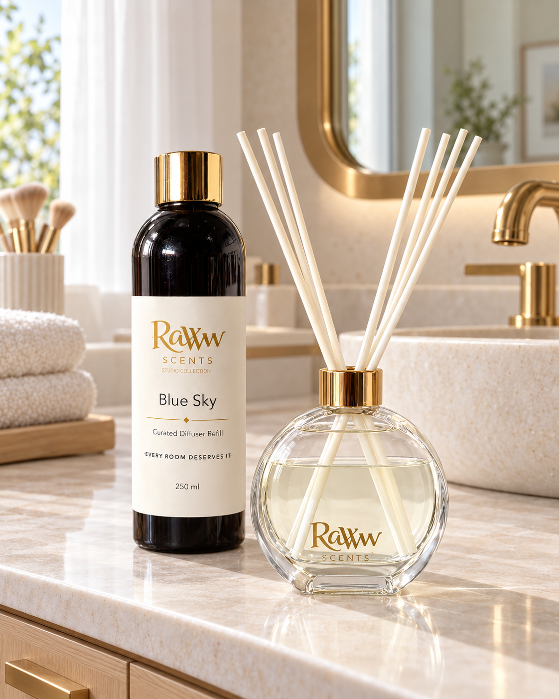 Raww Scents Blue Sky designer perfume inspired diffuser set, 200 mL glass vessel with 250 mL refill and reeds