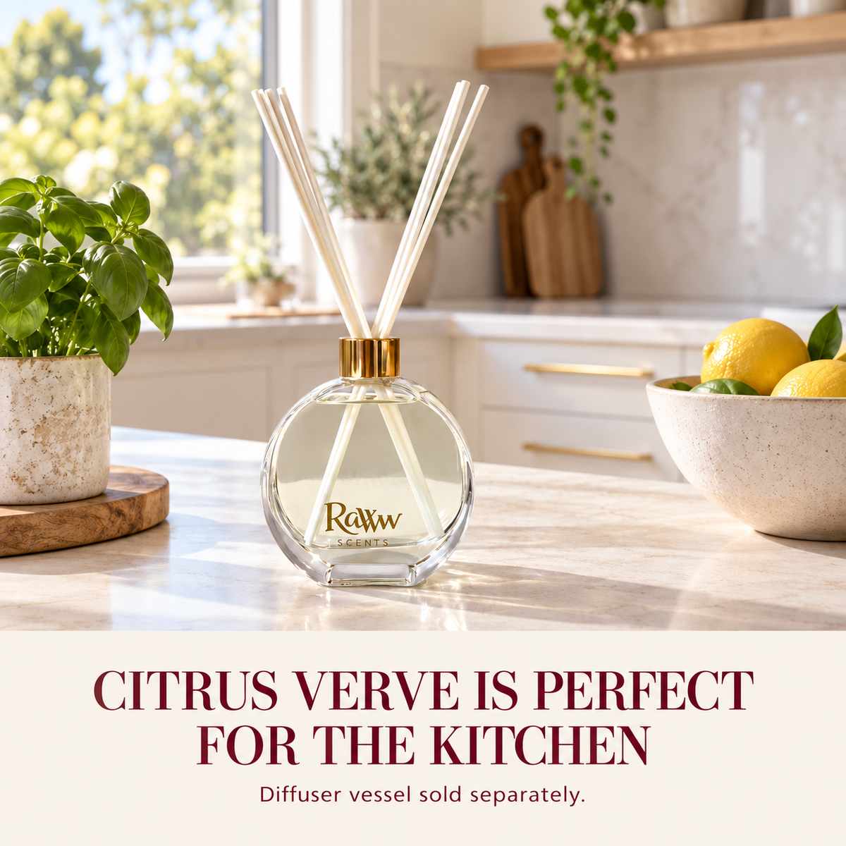Citrus Verve reed diffuser styled in a kitchen