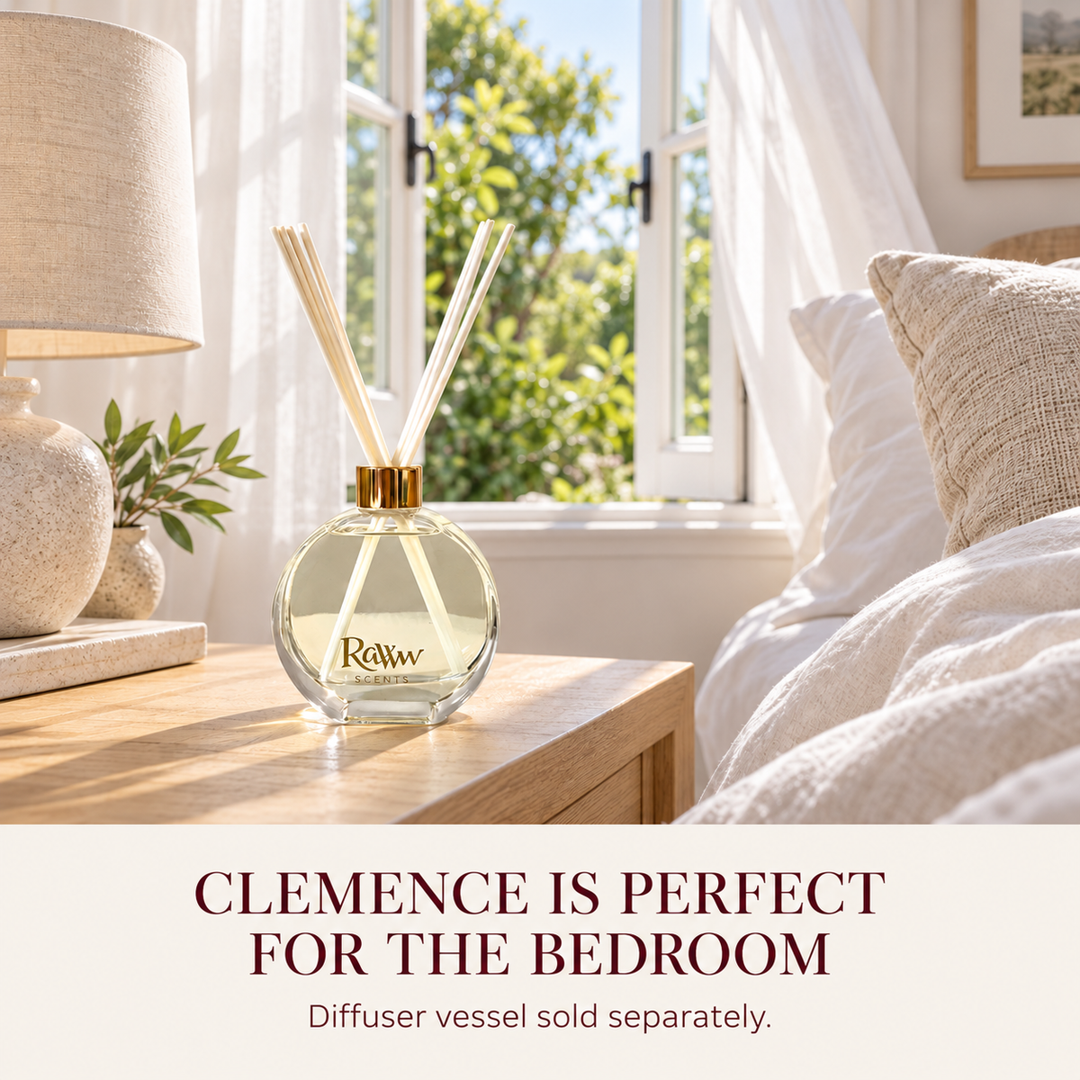 Clemence reed diffuser styled in a bedroom
