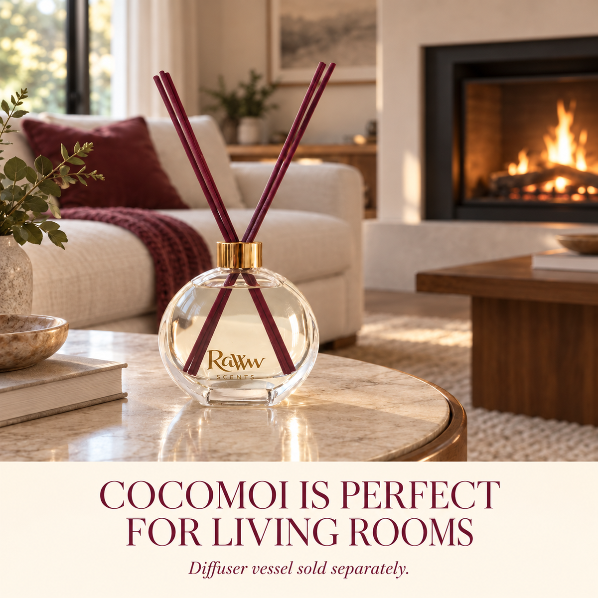 Cocomoi reed diffuser styled in a living room