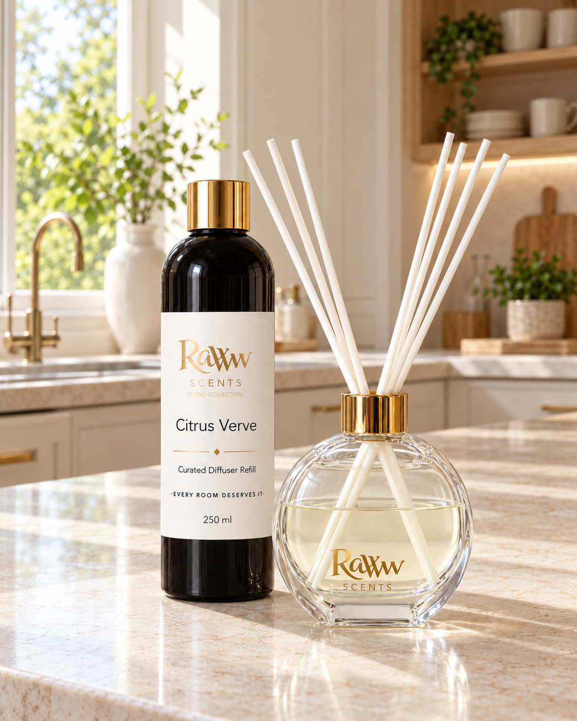 Raww Scents Citrus Verve designer perfume inspired diffuser set, 200 mL glass vessel with 250 mL refill and reeds