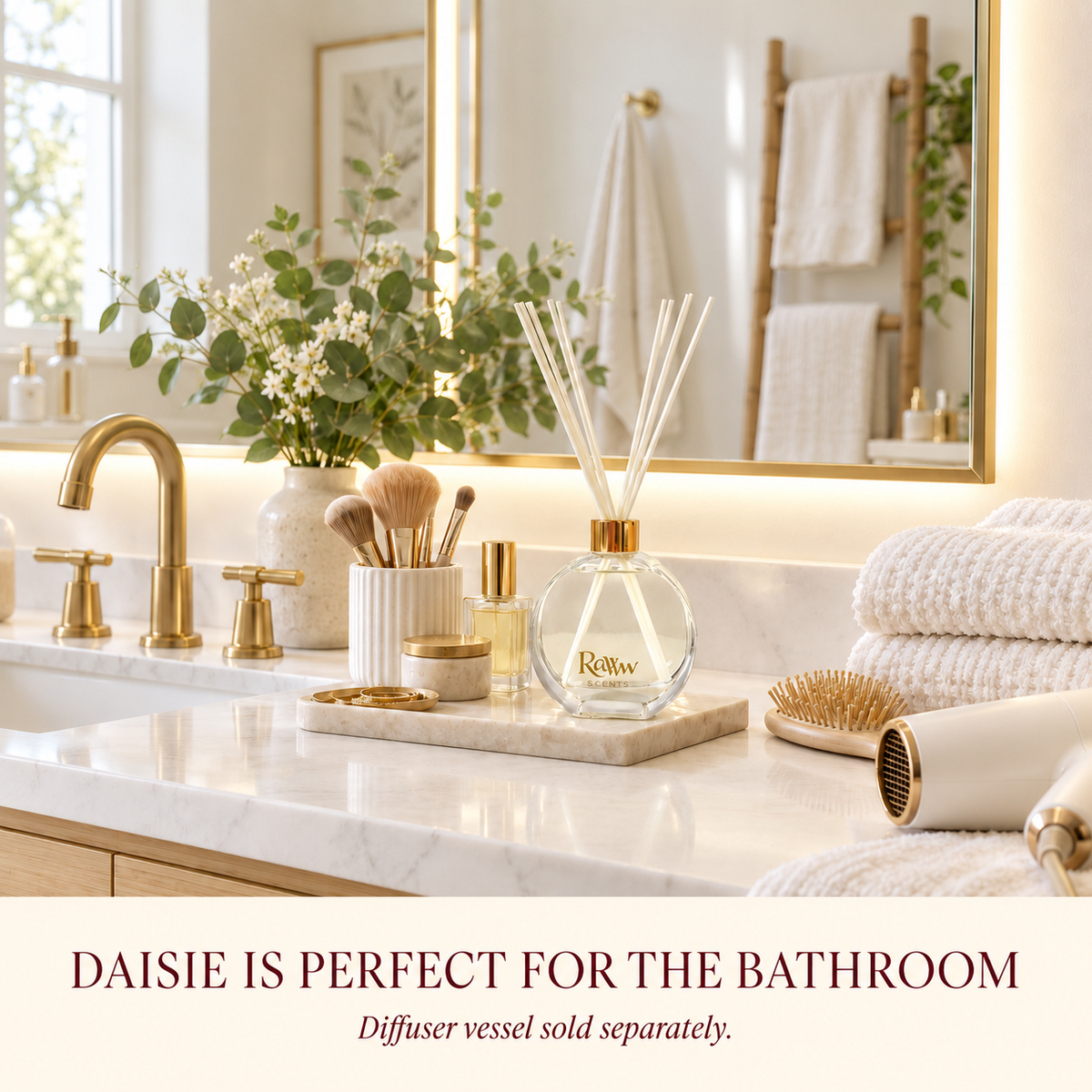 Daisie reed diffuser styled in a bathroom