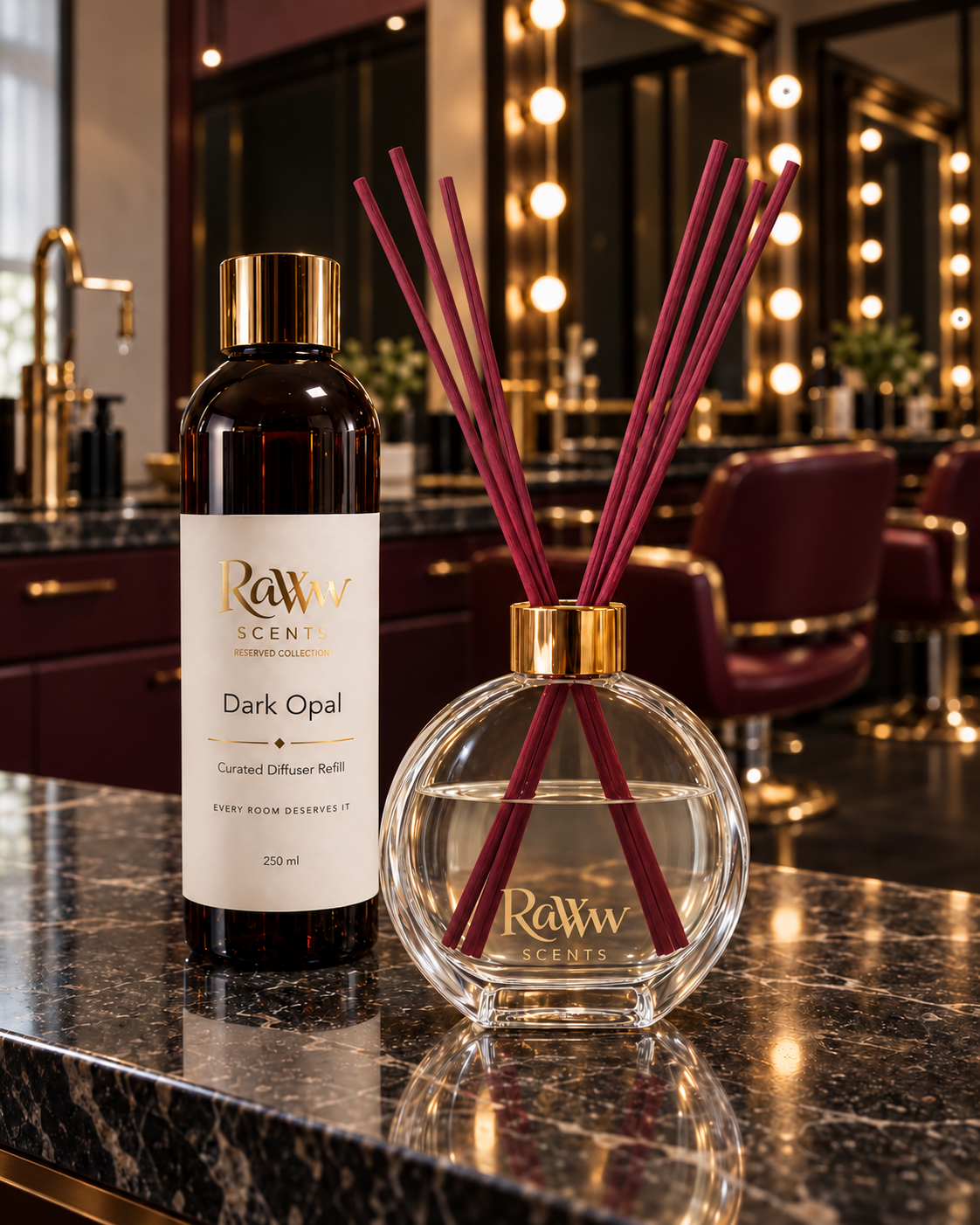 Raww Scents Dark Opal designer perfume inspired diffuser set, 200 mL glass vessel with 250 mL refill and reeds