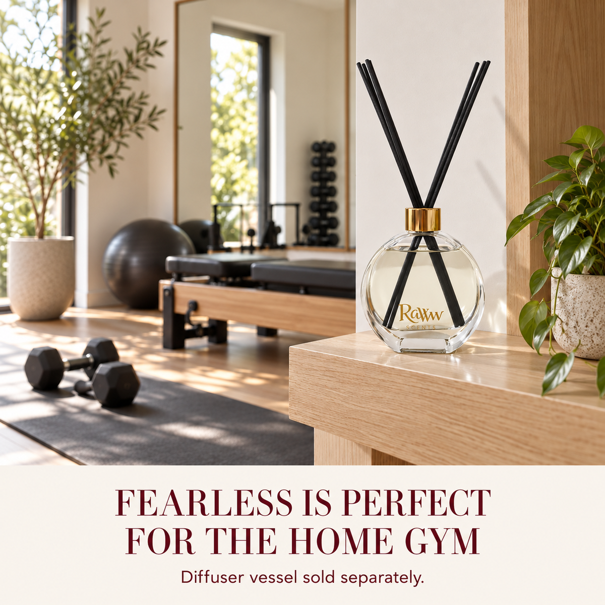 Fearless reed diffuser styled in a home gym