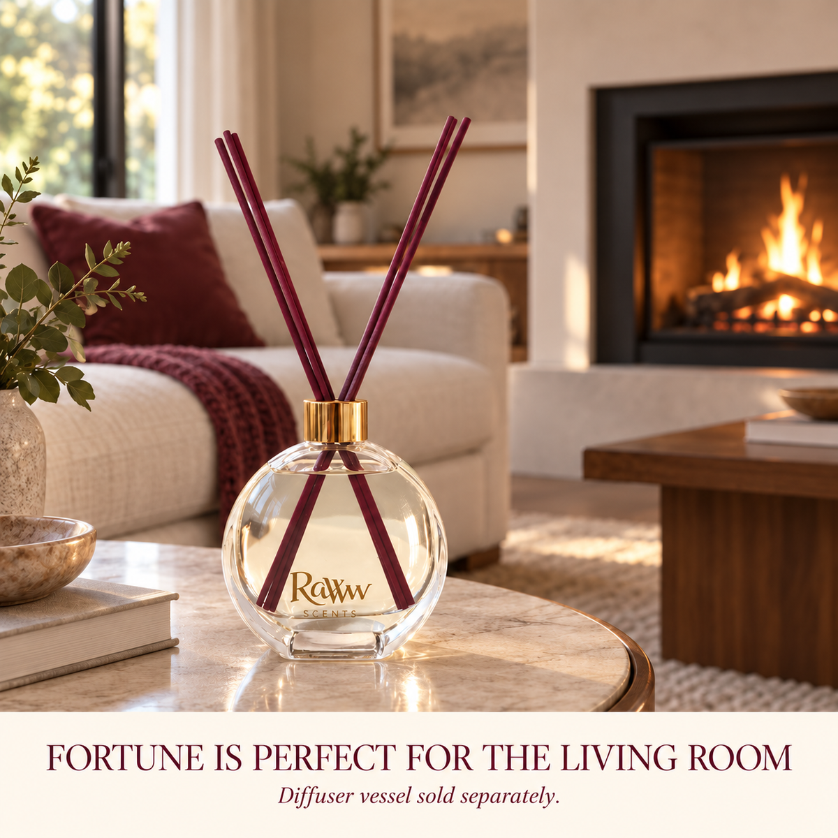 Fortune reed diffuser styled in a living room