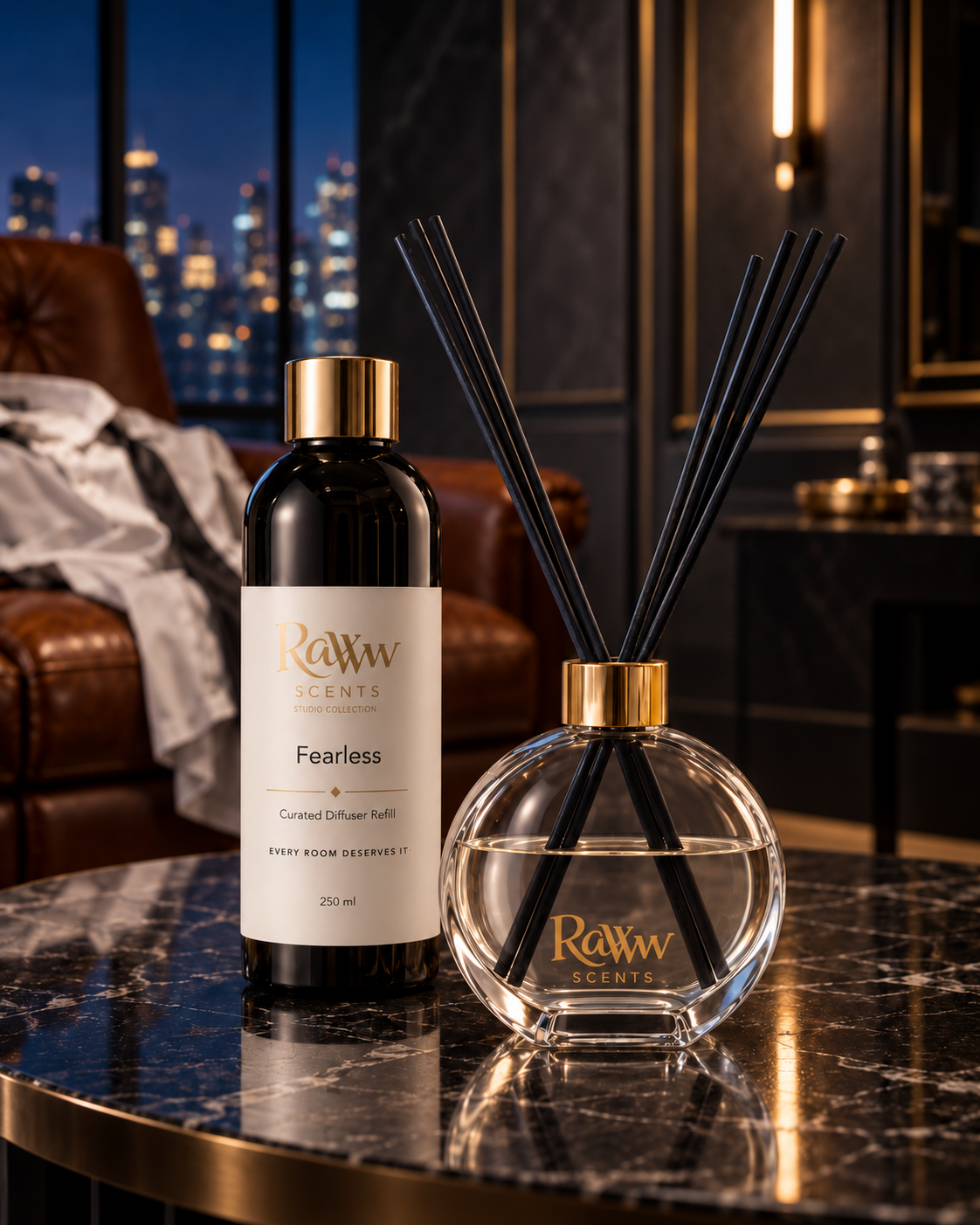 Raww Scents Fearless designer perfume inspired diffuser set, 200 mL glass vessel with 250 mL refill and reeds