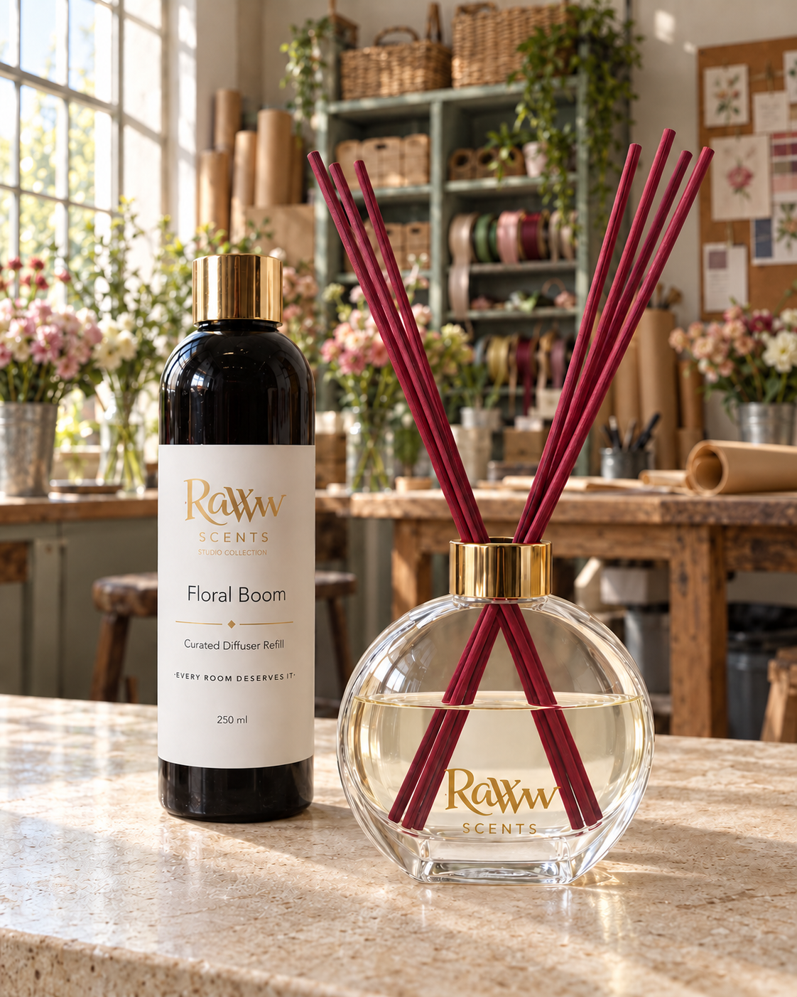 Raww Scents Floral Boom designer perfume inspired diffuser set, 200 mL glass vessel with 250 mL refill and reeds