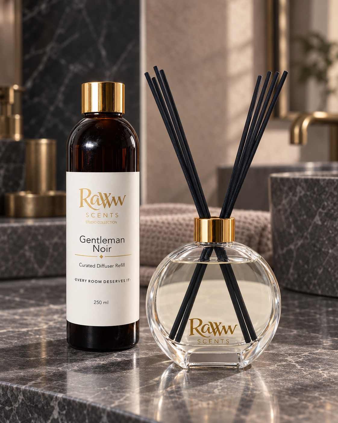 Raww Scents Gentleman Noir designer perfume inspired diffuser set, 200 mL glass vessel with 250 mL refill and reeds
