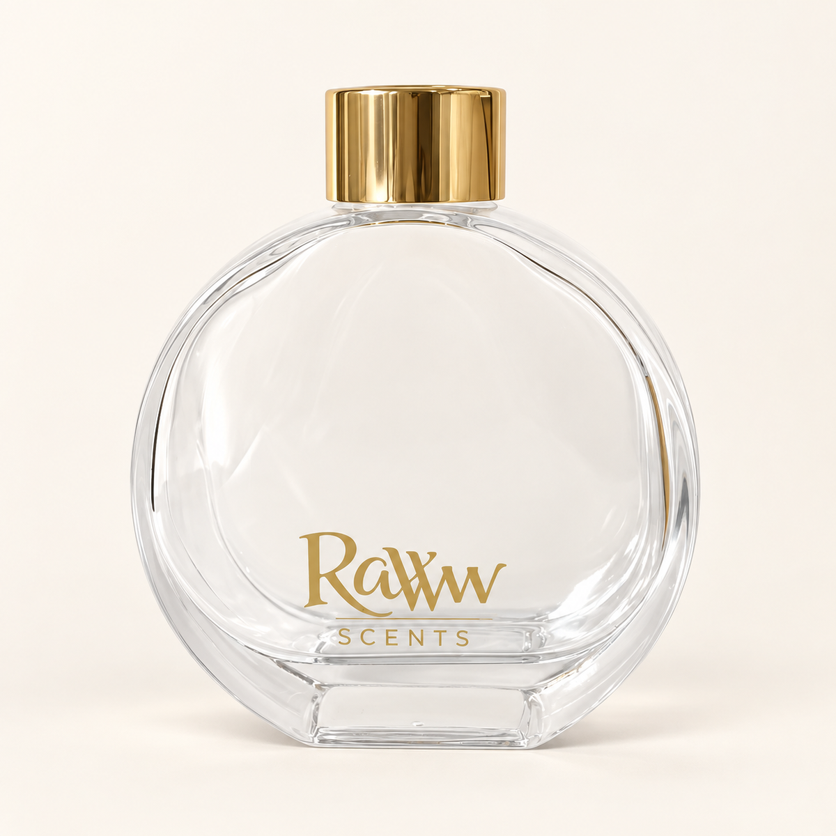 Raww Scents reusable 200 mL glass diffuser vessel with gold collar, front view