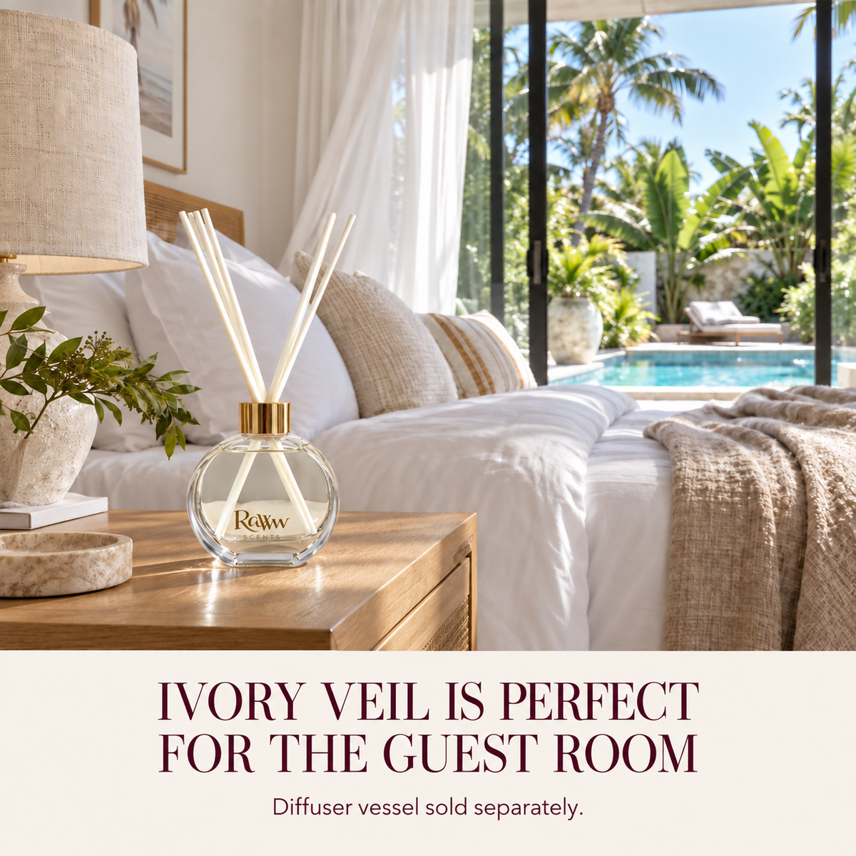 Ivory Veil reed diffuser styled in a guest room