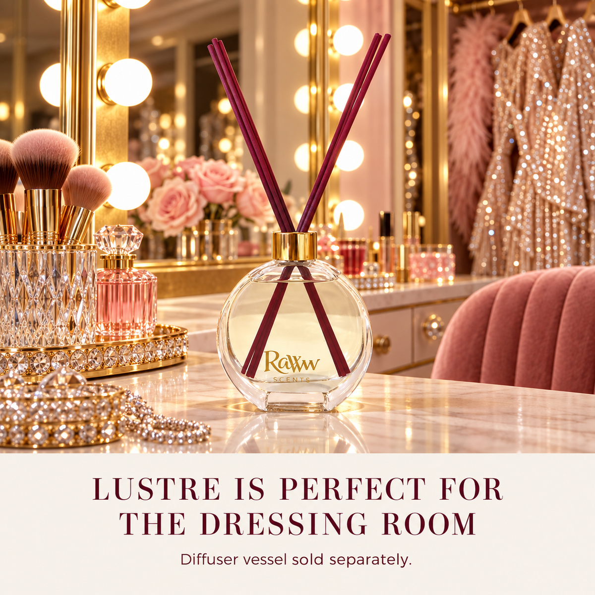 Lustre reed diffuser styled in a dressing room