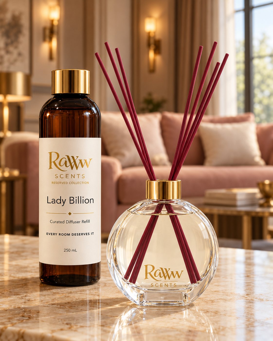 Raww Scents Gilded Grace designer perfume inspired diffuser set, 200 mL glass vessel with 250 mL refill and reeds