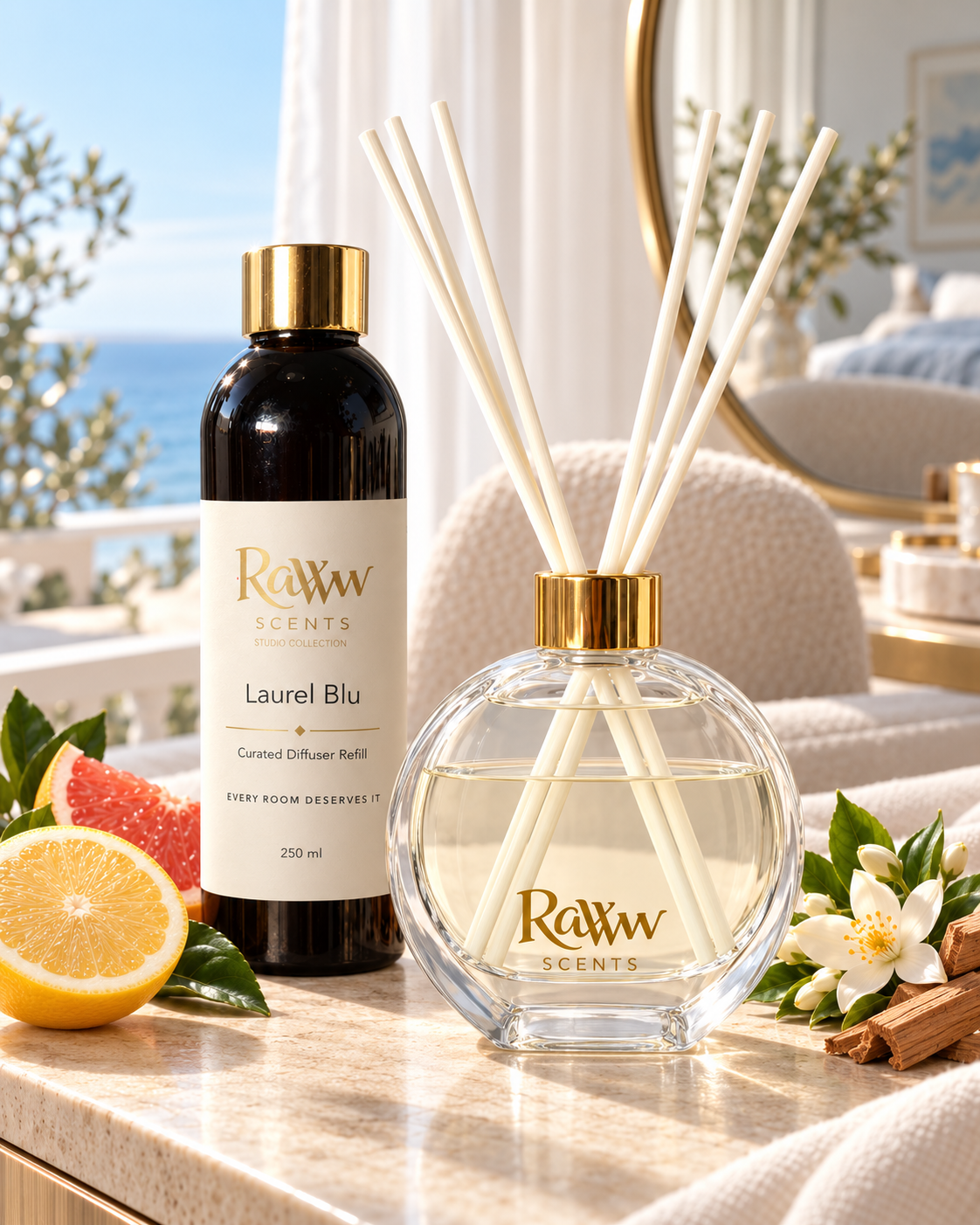 Raww Scents Laurel Blu designer perfume inspired diffuser set, 200 mL glass vessel with 250 mL refill and reeds