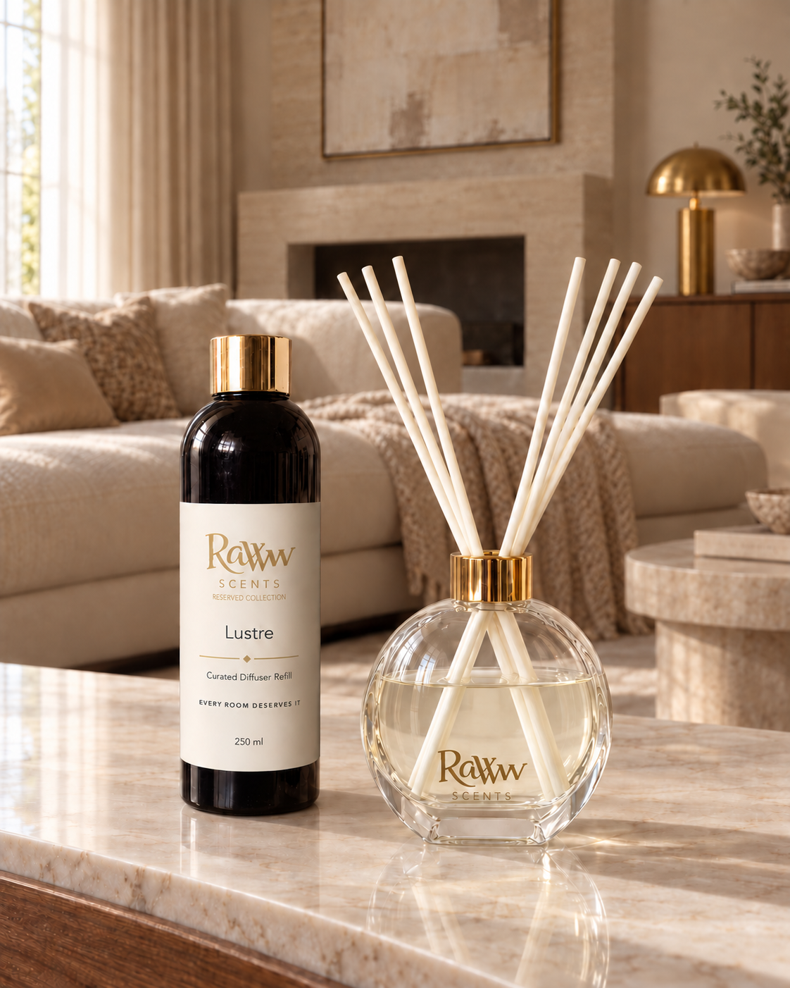 Raww Scents Lustre designer perfume inspired diffuser set, 200 mL glass vessel with 250 mL refill and reeds