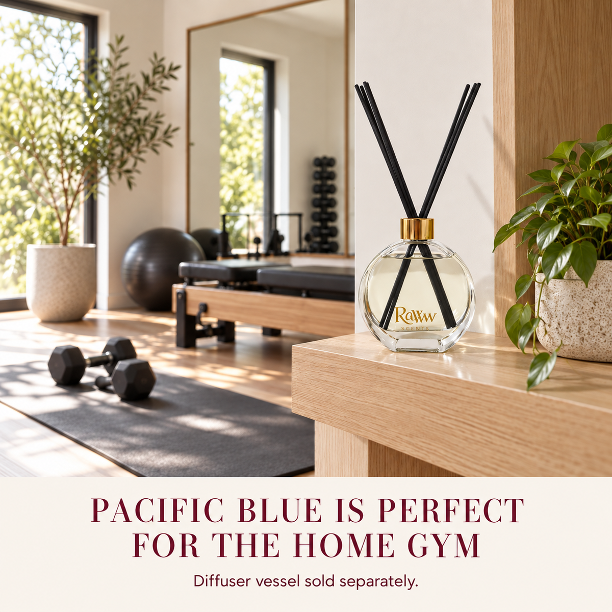Pacific Blue reed diffuser styled in a home gym