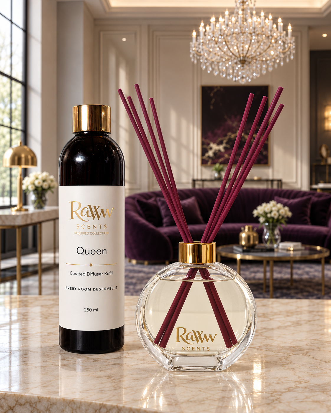 Raww Scents Queen designer perfume inspired diffuser set, 200 mL glass vessel with 250 mL refill and reeds