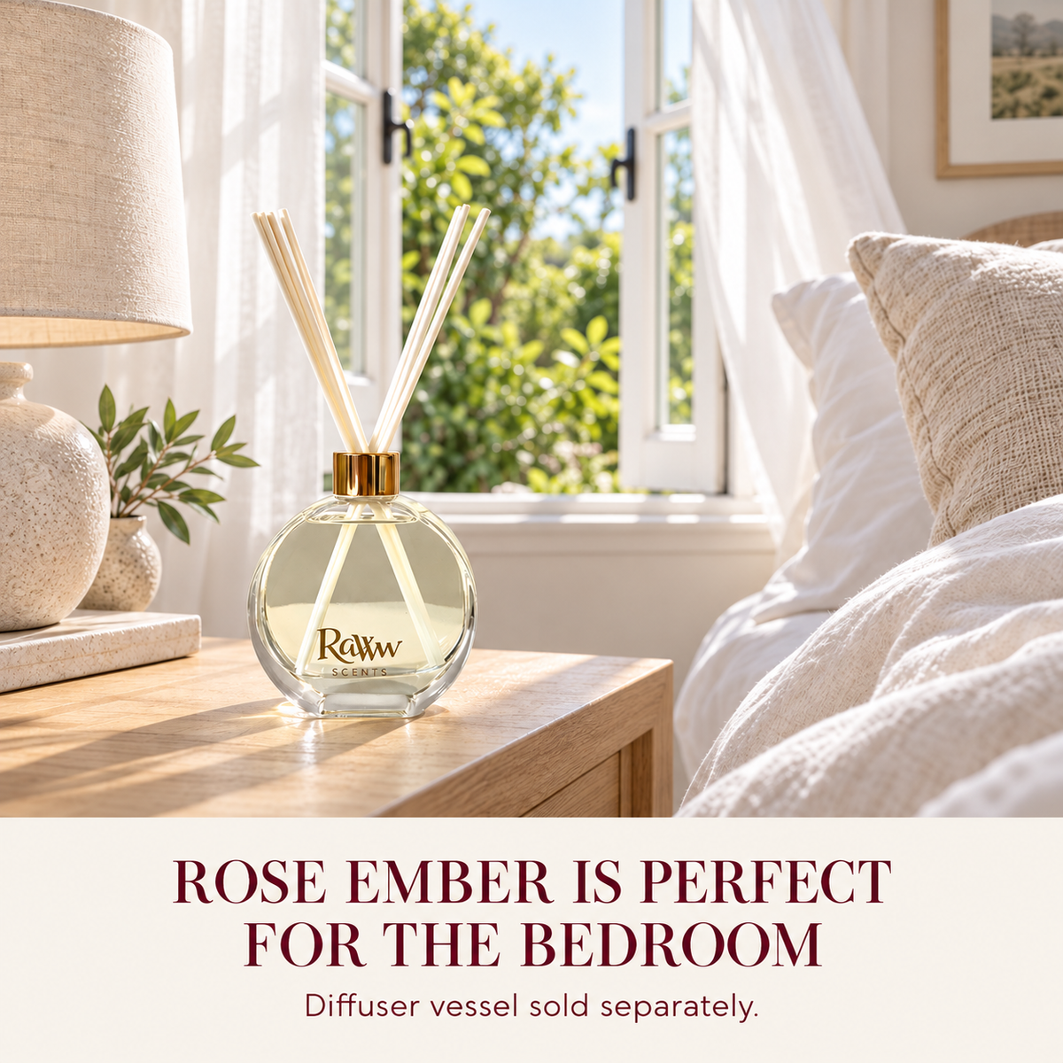 Rose Ember reed diffuser styled in a bedroom