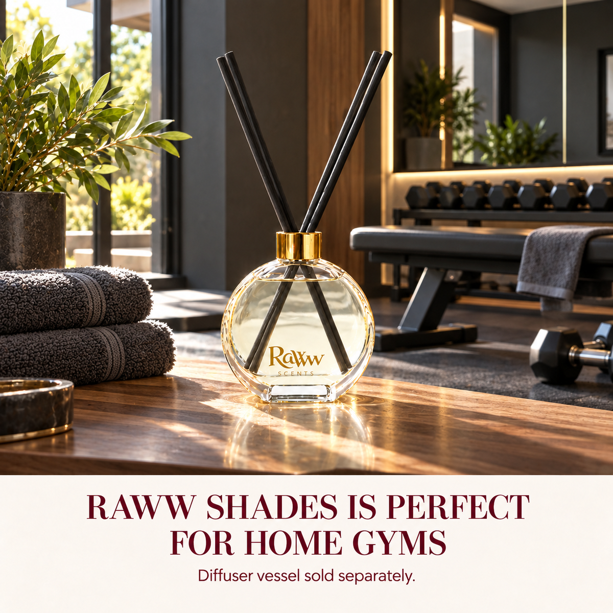Raww Shades reed diffuser styled in a home gym