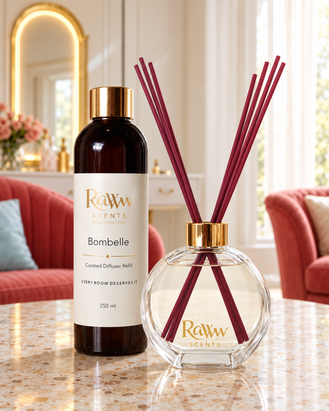 Raww Scents Bombelle designer perfume inspired diffuser set, 200 mL glass vessel with 250 mL refill and reeds