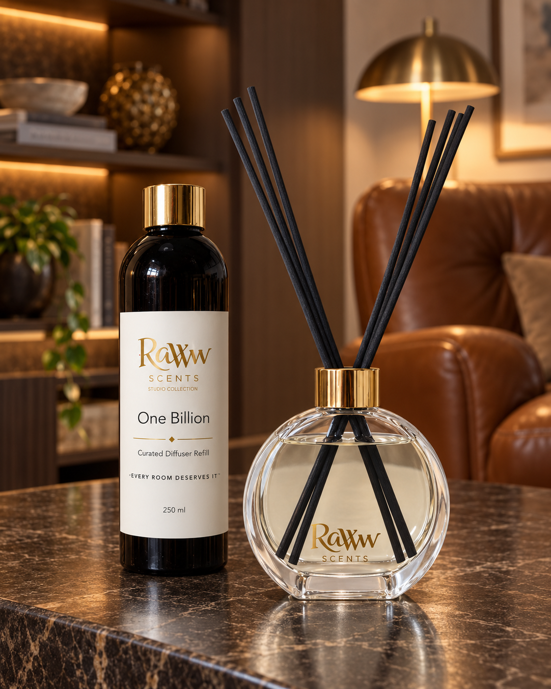 Raww Scents Gilded Gent designer perfume inspired diffuser set, 200 mL glass vessel with 250 mL refill and reeds