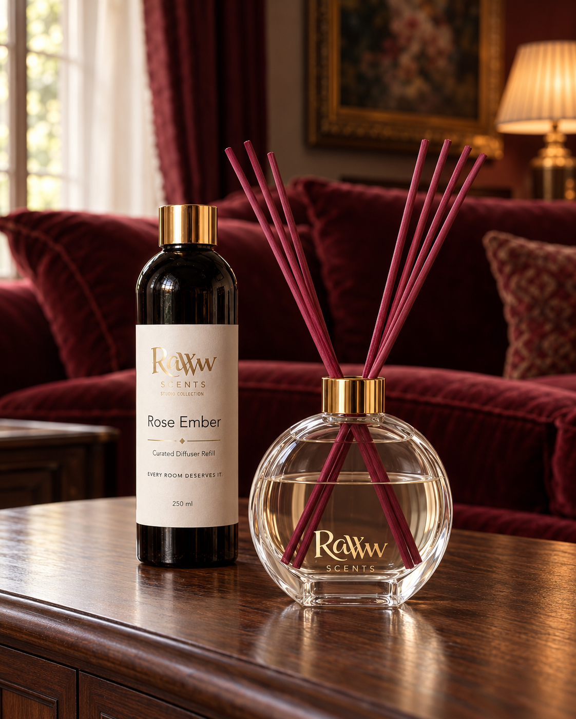 Raww Scents Rose Ember designer perfume inspired diffuser set, 200 mL glass vessel with 250 mL refill and reeds