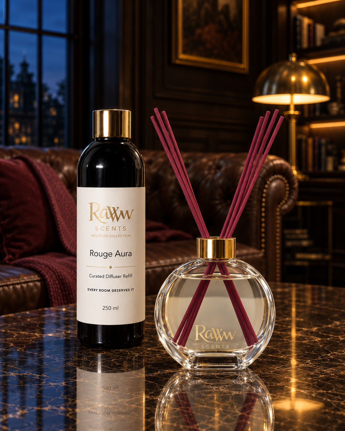 Raww Scents Rouge Aura designer perfume inspired diffuser set, 200 mL glass vessel with 250 mL refill and reeds