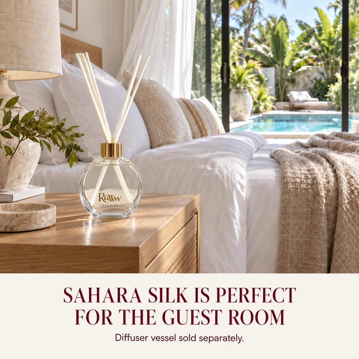 Sahara Silk reed diffuser styled in a guest room