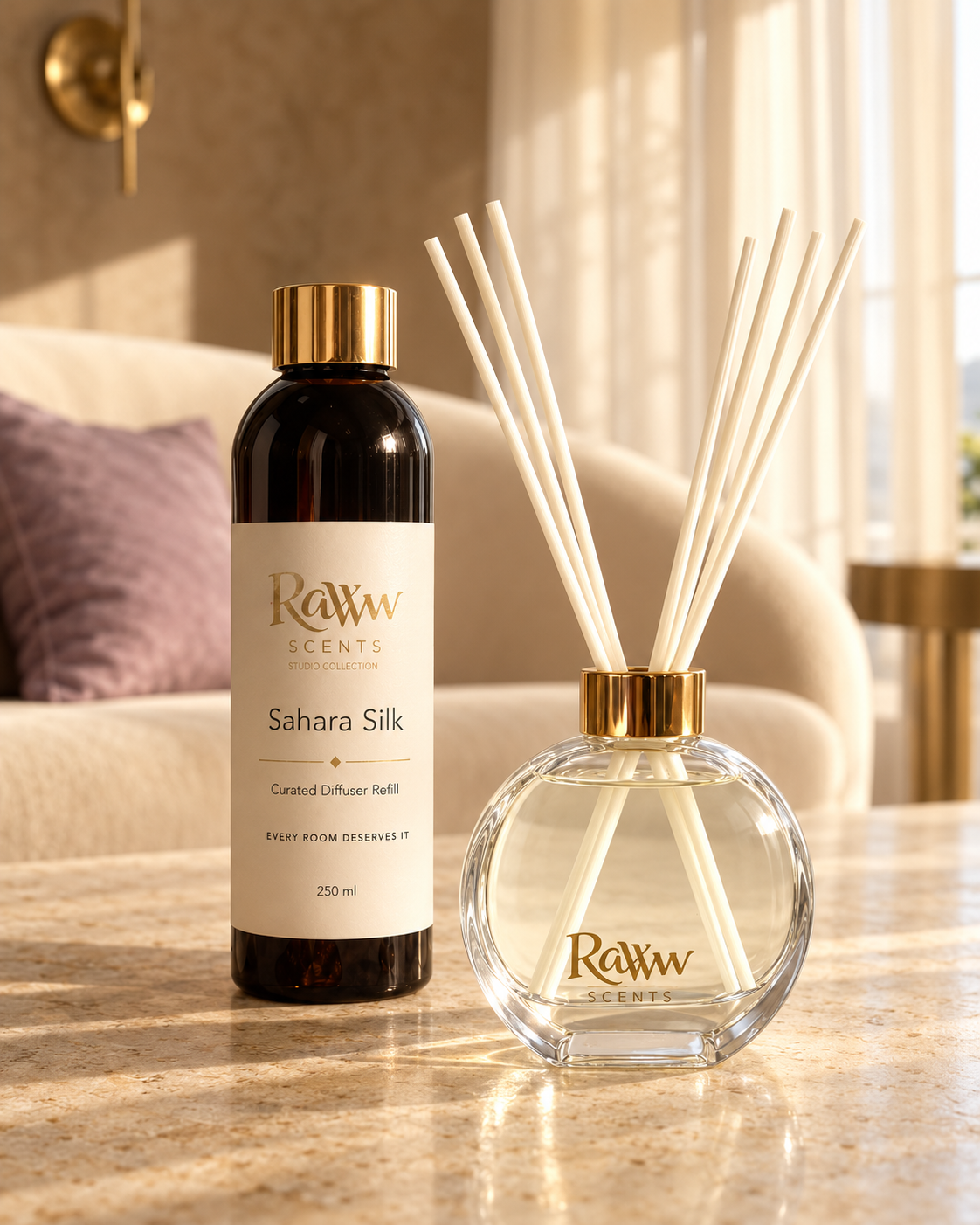Raww Scents Sahara Silk designer perfume inspired diffuser set, 200 mL glass vessel with 250 mL refill and reeds