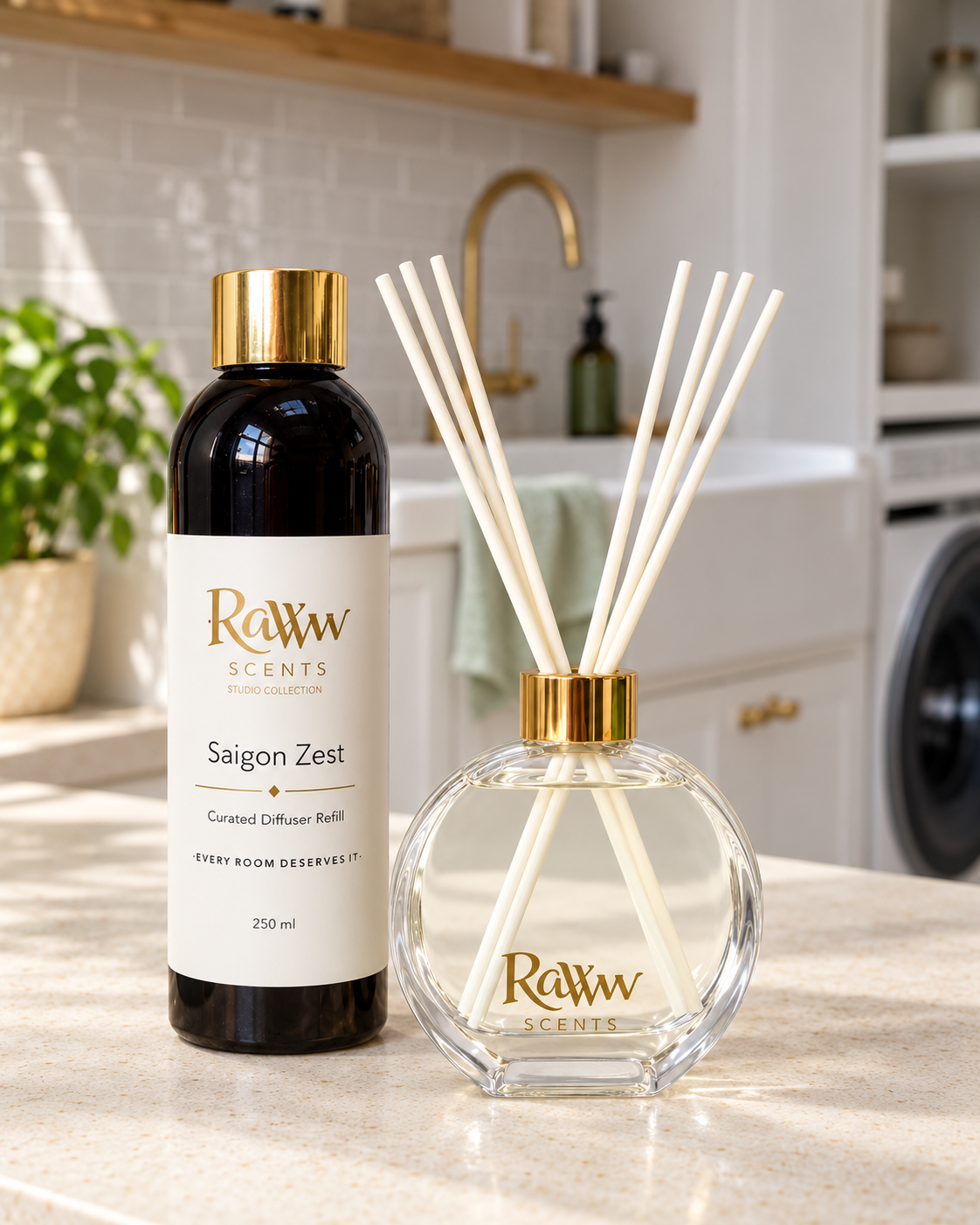 Raww Scents Saigon Zest designer perfume inspired diffuser set, 200 mL glass vessel with 250 mL refill and reeds