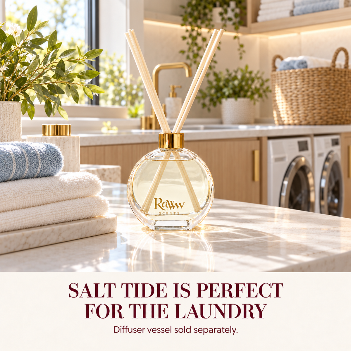 Salt Tide reed diffuser styled in a laundry