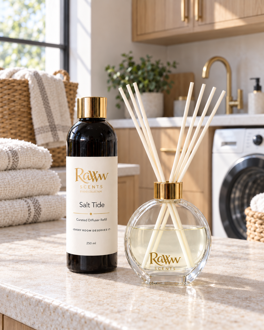 Raww Scents Salt Tide designer perfume inspired diffuser set, 200 mL glass vessel with 250 mL refill and reeds