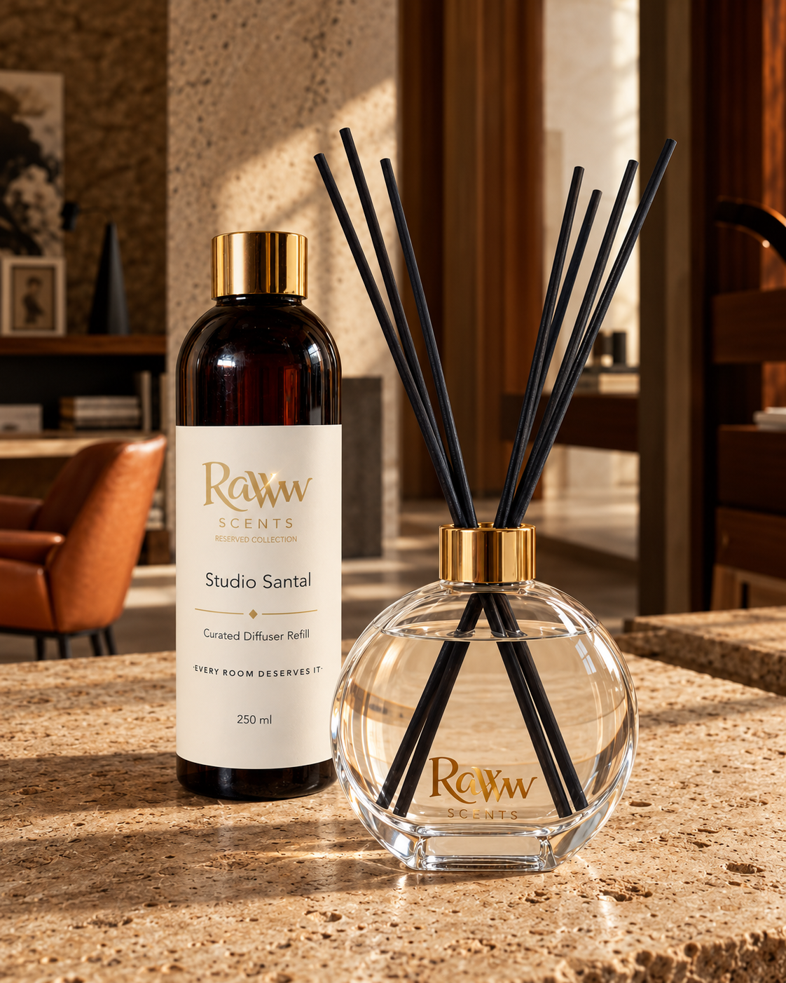 Raww Scents Studio Santal designer perfume inspired diffuser set, 200 mL glass vessel with 250 mL refill and reeds
