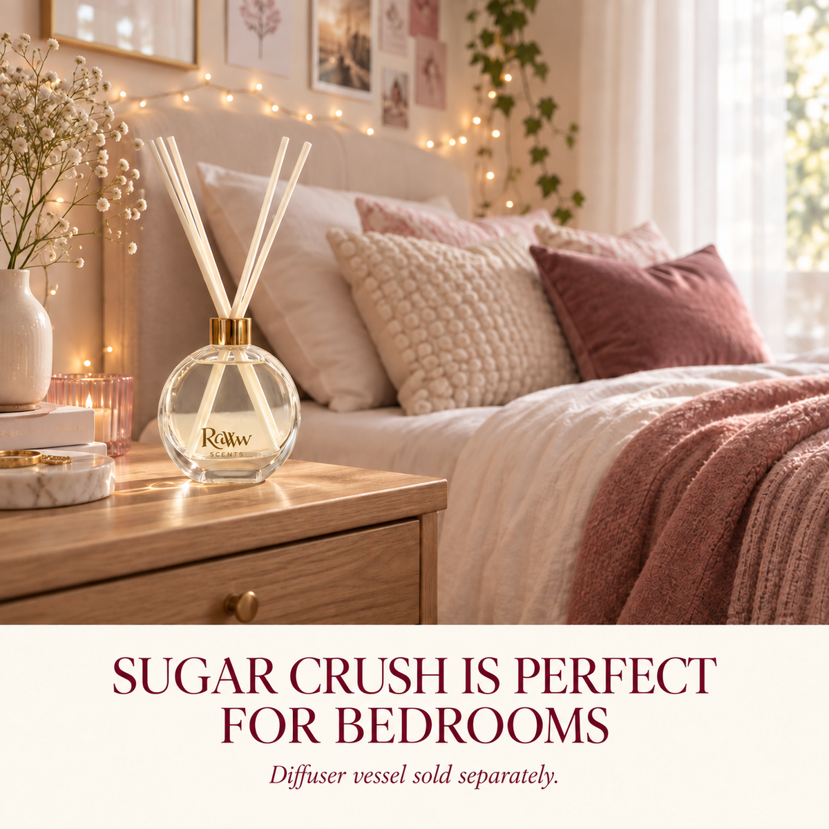 Sugar Crush reed diffuser styled in a bedroom
