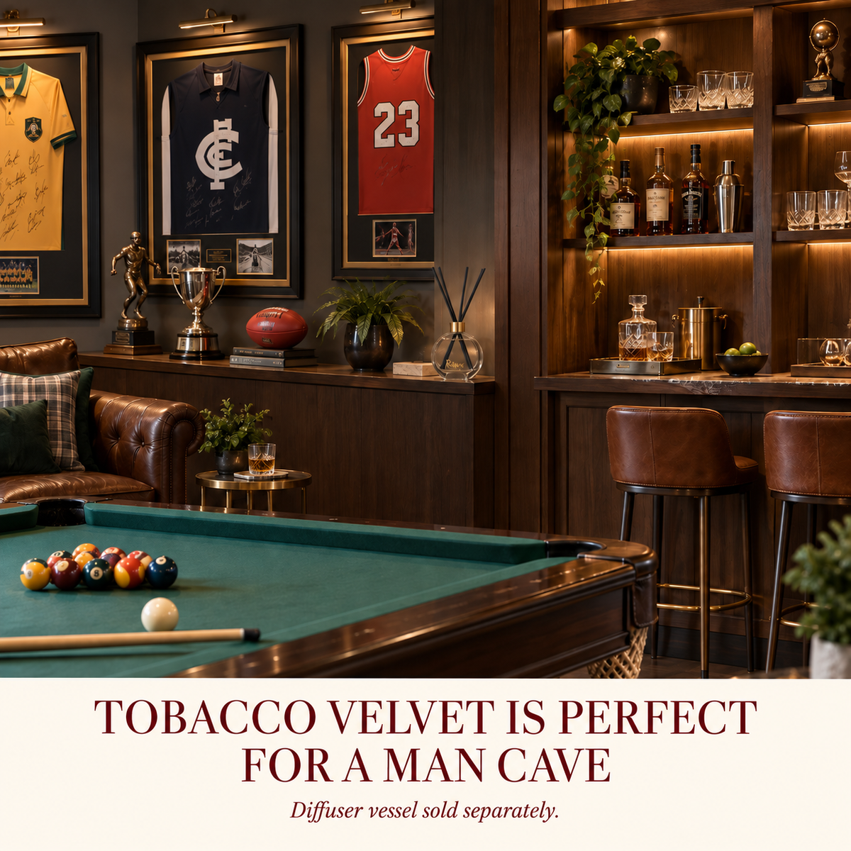 Tobacco Velvet reed diffuser styled in a man cave