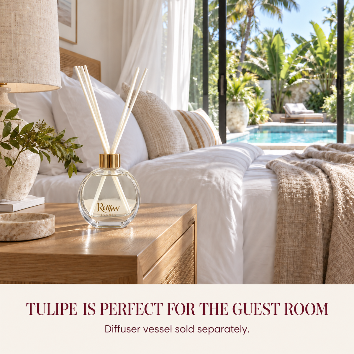 Tulipe reed diffuser styled in a guest room