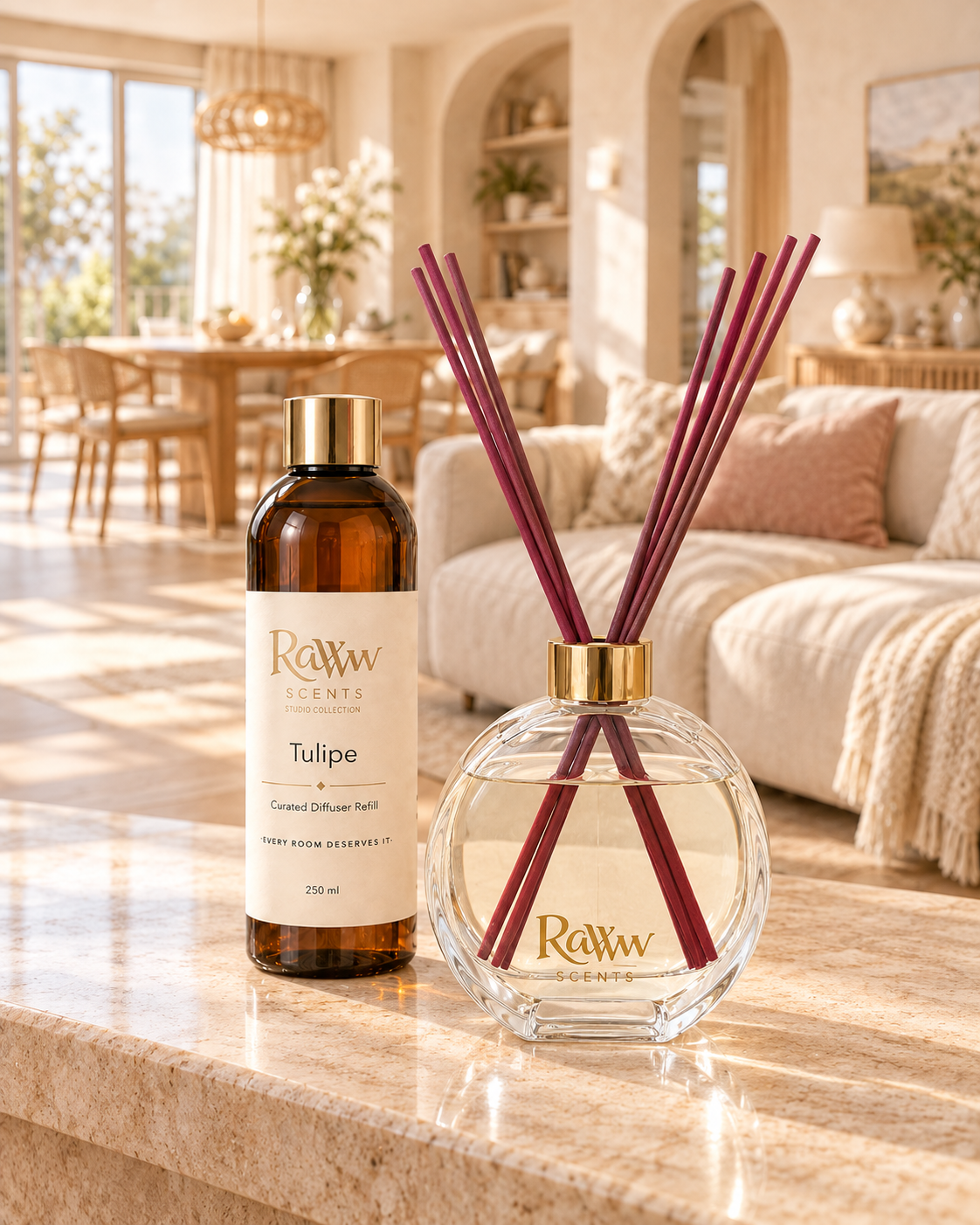 Raww Scents Tulipe designer perfume inspired diffuser set, 200 mL glass vessel with 250 mL refill and reeds