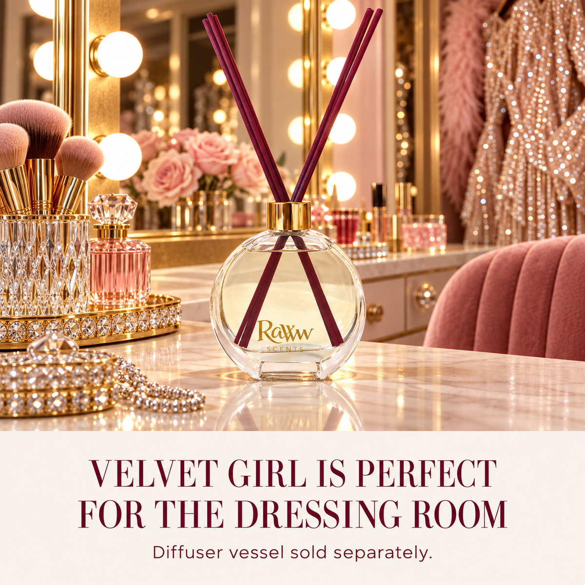Velvet Girl reed diffuser styled in a dressing room