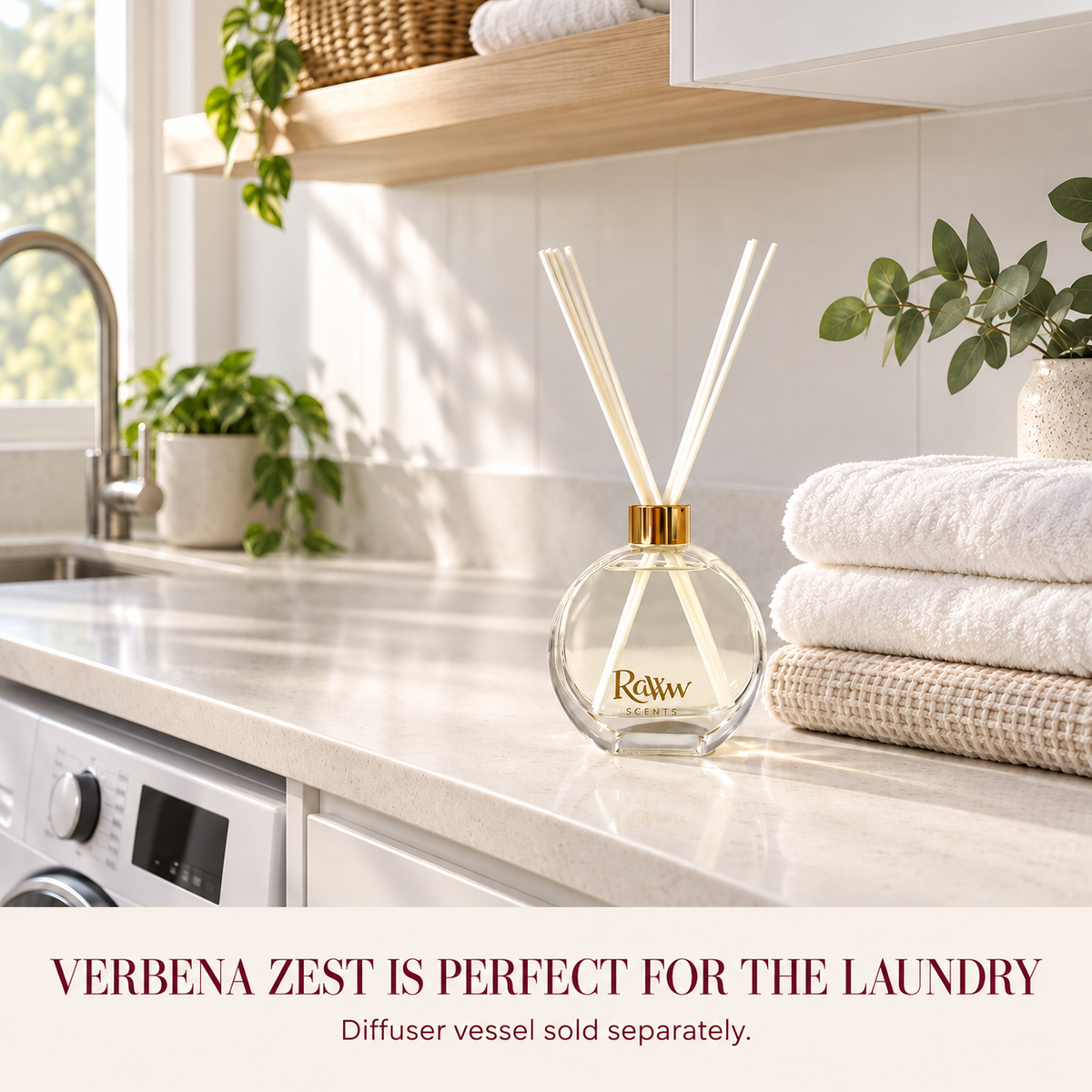 Verbena Zest reed diffuser styled in a laundry