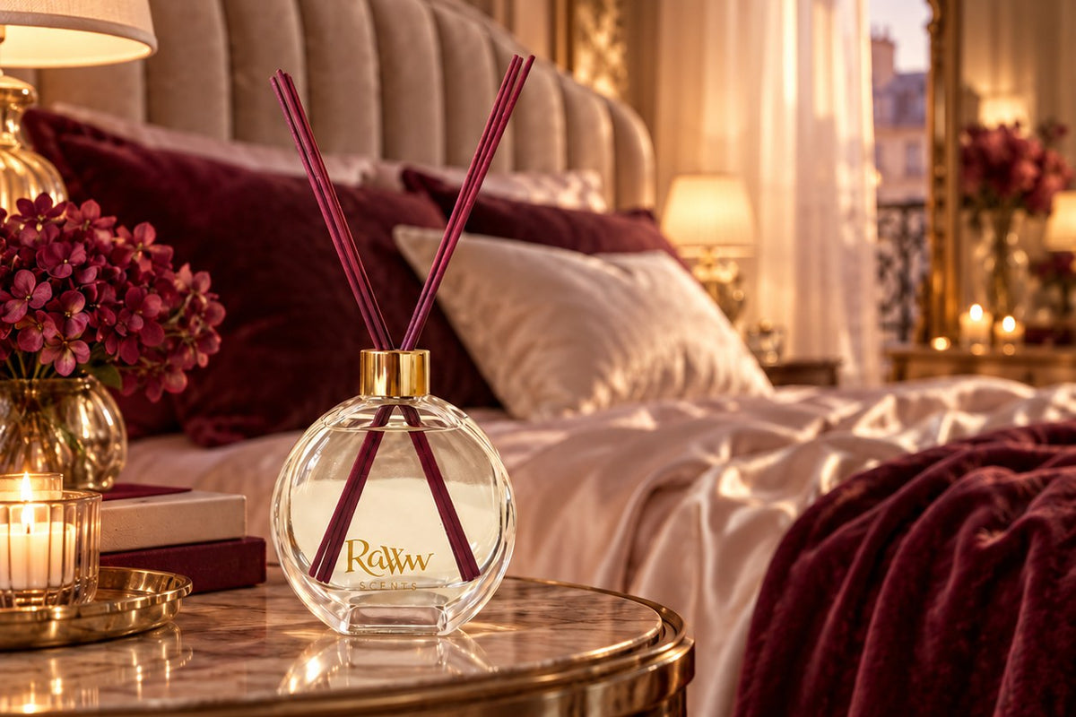Dione reed diffuser with berry reeds on a marble bedside table in a candlelit Parisian bedroom with burgundy velvet and a gilded mirror